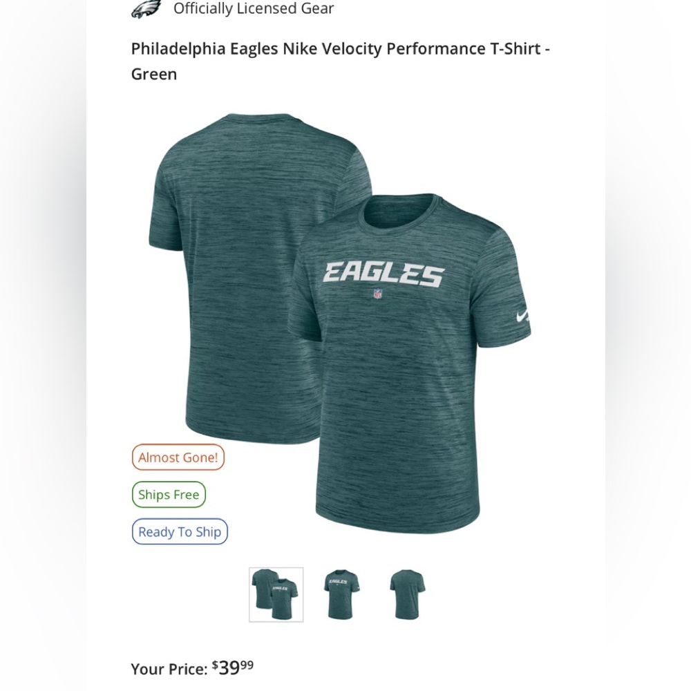 Philadelphia Eagles Nike Velocity performance Dry fit Tshirt. Youth M 10/12